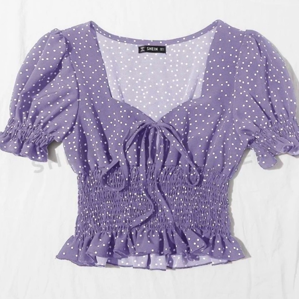 Small Purple w/ White polka dots cropped top shirred waist ruffled shoulder sexy